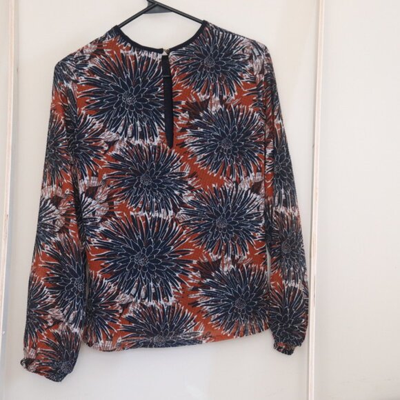 H&M Navy Orange Floral Long Sleeve Blouse Size 2 - Picture 2 of 11